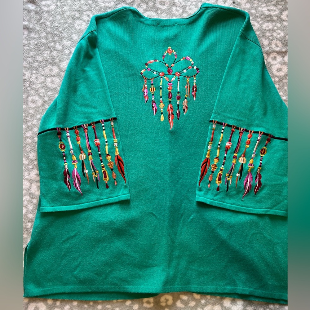 Bob Mackie Wearable Art Turquoise Embroidered Cardigan Duster Dreamcatcher/3X - Picture 9 of 9